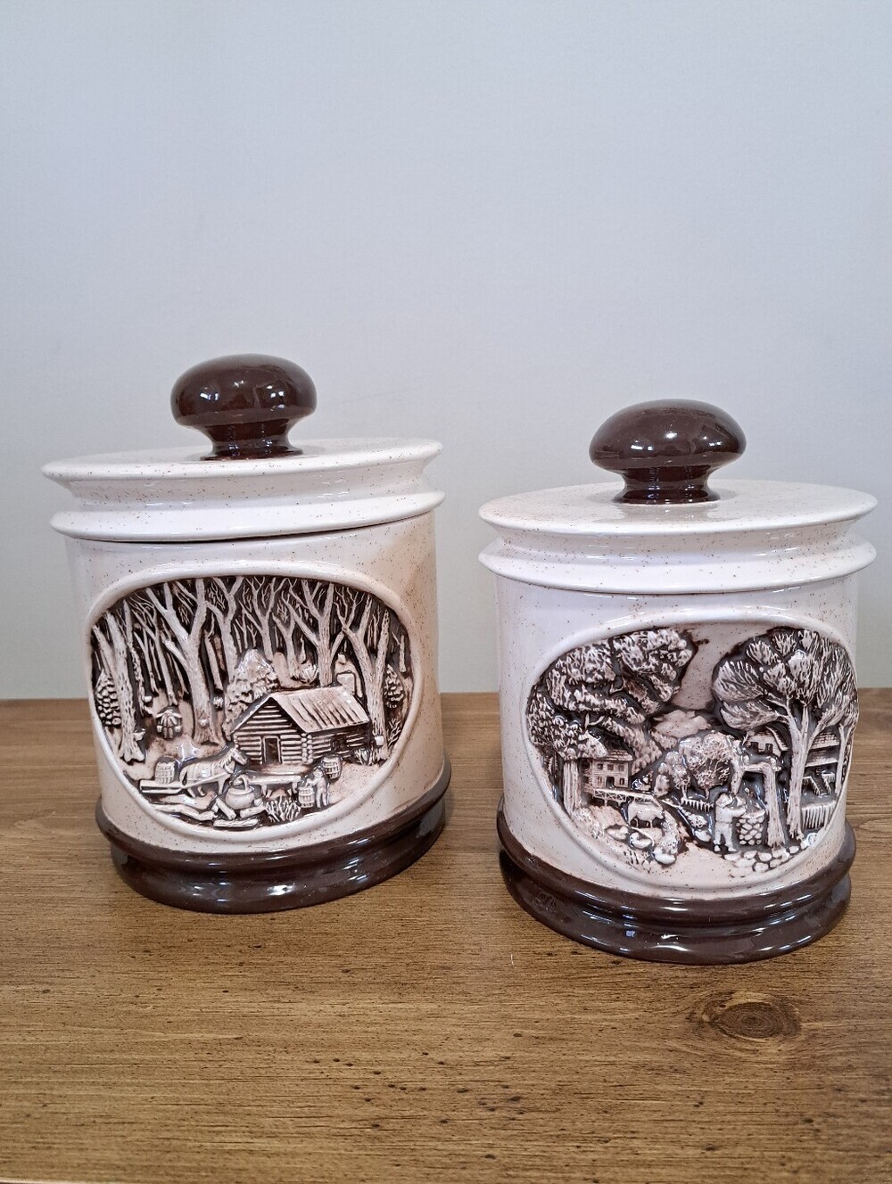Vintage 1970s Style Ceramic Canisters Set of 2 Country Scene Brown Cream Rustic